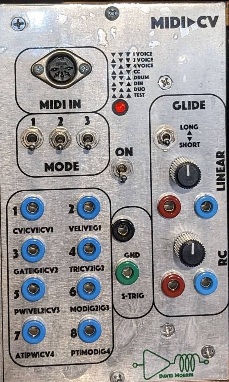 MIDI to control voltage module with sticker labels