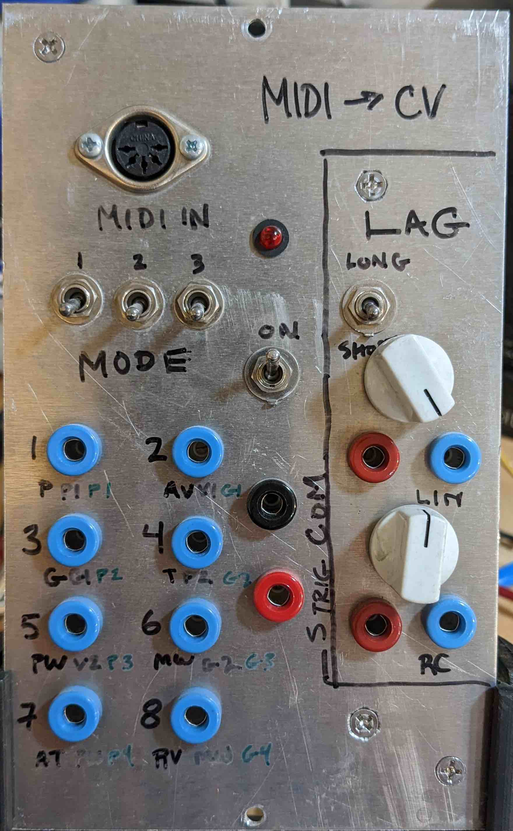 MIDI to control voltage module with pen labels