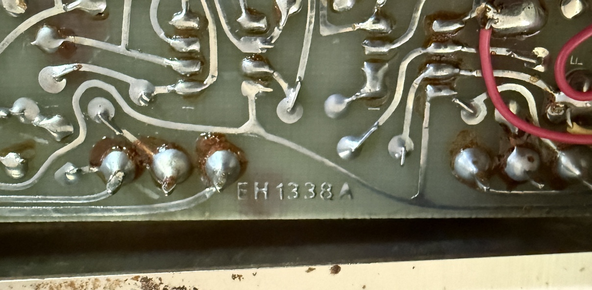 Memory Man EH1338A PCB, solder side, detail of the 'EH1338A' solder. Photo courtesy Pete's Pedals.