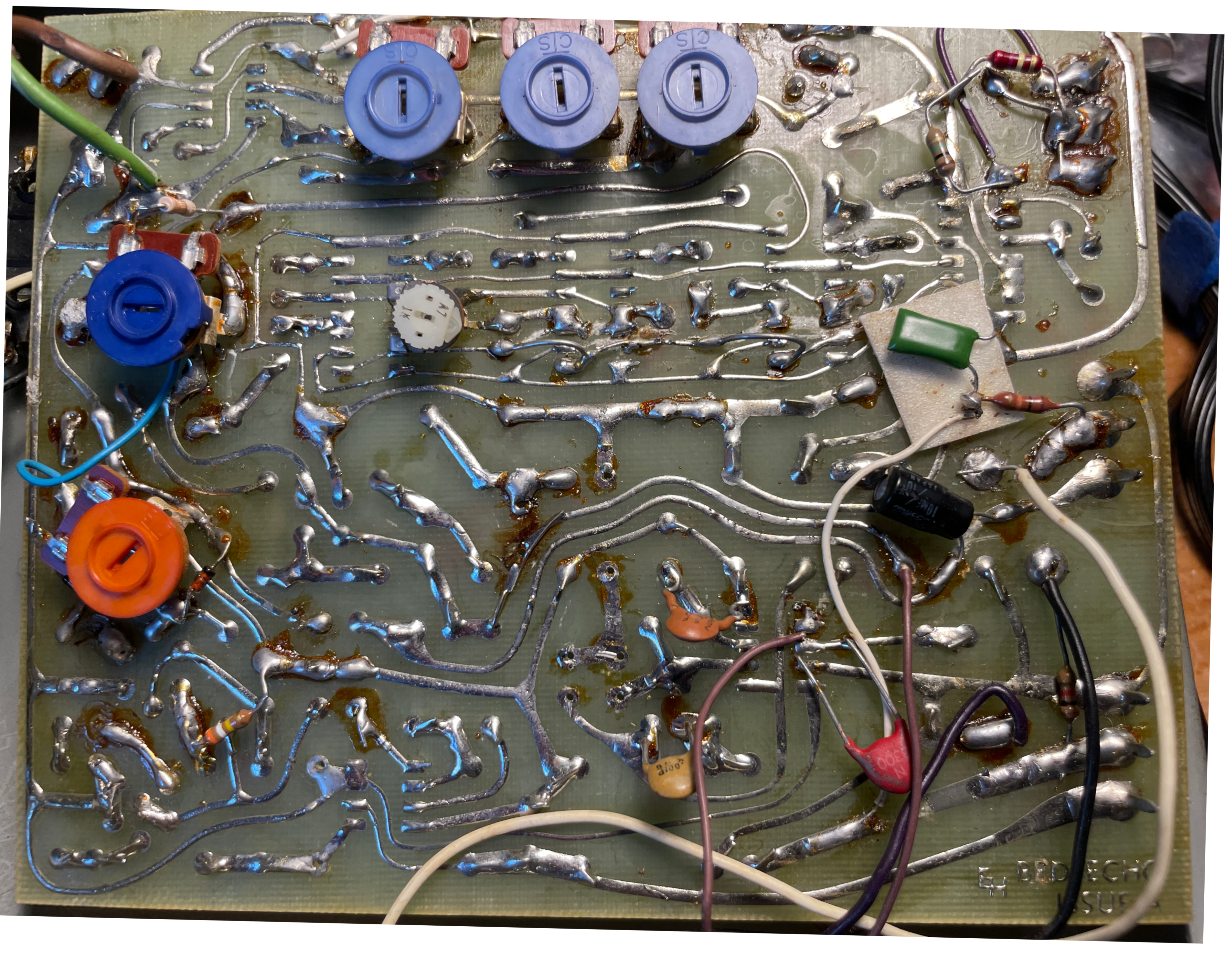 Memory Man first version PCB, solder side, marked EH-BBD-ECHO ISSUE A